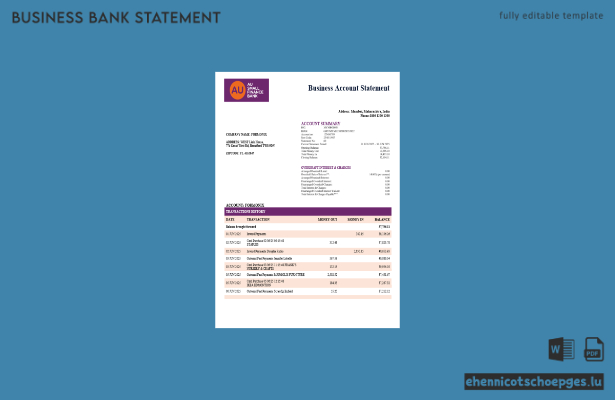 AU Small Finance Unternehmenskontoauszug – Beispielansicht (Word und PDF)